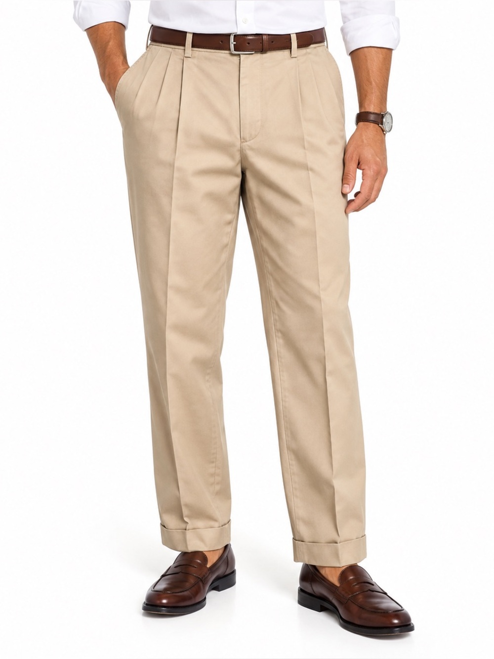 JOS. A. BANK Traveler Mens Khaki Pleated Cuffed Cotton Chino Pants 36x32